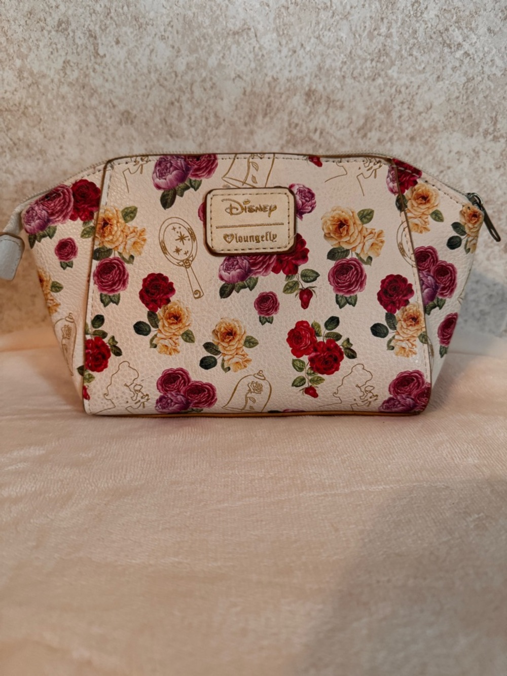 LoungeFly Beauty and the Beast Floral Cosmetic Bag - Cream with Multicolor Roses